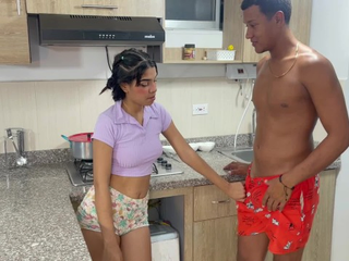 Saraymike's stepbro can't fight back her yam-sized bosoms and arse and joins her in the kitchen for a red-hot multiracial ravage